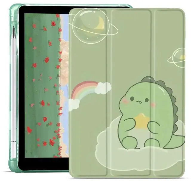 Main image of JOYLAND Cute Space Dinosaur Pad Case for iPad 7th/8th/9th Generation, Full Body Protective with Pencil Holder, Smart Folding Case Clear, Auto Wake/Sleep Cover, 10.2 Inch, Green