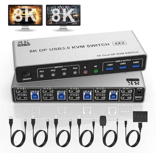 Main image of 8K@60Hz Displayport USB 3.0 KVM Switch 2 Monitors for 4 Computers 8K@60Hz 4K@144Hz, DP1.4 Dual Monitor Displayport KVM Switch 4 Port with Audio Output and 3 USB 3.0, 8K DP Monitor Switch for 4 PCs