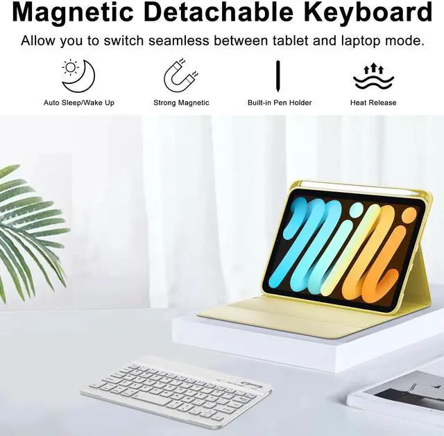 Alt view image 3 of 5 - iPad Mini 6th Gen Case with Keyboard & iPad Mini A17 Pro Keyboard Case, Detachable Bluetooth Keyboard for iPad Mini 7/6 8.3in with Pen Holder, Cute Folio Cover for iPad Mini 7th 2024/6th 2021, Yellow