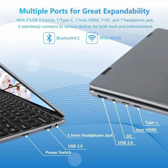 Alt view image 4 of 5 - BINHENGLON 11-inch Touchscreen 2-in-1 Convertible Laptop,Celeron N100 (Up to 3.4GHz),Win 11,16GB DDR4,1920 * 1200 IPS,Backlit Keyboard,Side Button Power on, Oval Touchpad(Gray, 16GB+512GB SSD).