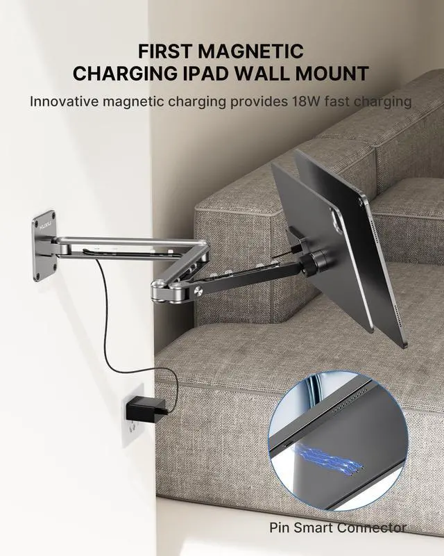 Alt view image 2 of 5 - KU XIU Magnetic Wireless Charging Wall Mount Holder for iPad Pro 13" M4 (2024) Only, Aluminum Alloy 360deg Adjustable Tablet Wall Mount Stand with 2M USB C Cable, Three-Section Foldable Magnetic Stand