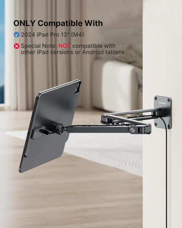 Alt view image 3 of 5 - KU XIU Magnetic Wireless Charging Wall Mount Holder for iPad Pro 13" M4 (2024) Only, Aluminum Alloy 360deg Adjustable Tablet Wall Mount Stand with 2M USB C Cable, Three-Section Foldable Magnetic Stand