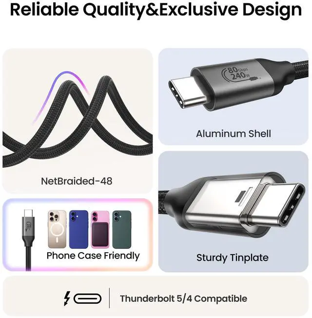 Alt view image 4 of 5 - Silkland 80Gbps USB 4 Cable for Thunderbolt 5 Cable 6.6FT/2M, 120Gbps Bandwidth for 16K/Dual 8K, 240W Fast Charging, USB C Monitor Cable Compatible Thunderbolt 4/5,SSD,Monitor,MacBook M4 Pro,Dock,eGPU