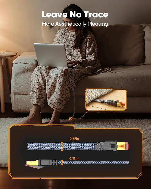 Alt view image 5 of 5 - Snowkids Cat 8 Long Ethernet Cable 40 FT/12M, Flat High Speed Ethernet LAN, 40Gbps, 2000Mhz Braided High Duty Internet Network Cable, RJ45 Connector for Modem/Router/PS3/4/5/Gaming/PC