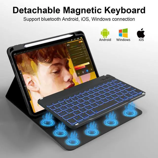 Alt view image 3 of 5 - SZPSGC Keyboard Case for iPad (A16) 11th Generation 11 Inch 2025, iPad 10th Generation 10.9 Inch 2022, Smart Folio Cover with 7 Colors Backlit Wireless Detachable Keyboard, Auto Sleep Wake, Black