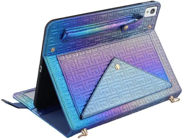 Alt view image 2 of 5 - Shiny Case for iPad 9th 8th 7th Gen 10.2"/iPad Air 2019/iPad Pro 10.5, Techcircle Crossbody Iridescent Folio Stand Wallet Case with Pencil Holder+Card Slots+Hand Strap+Shoulder Strap, Shiny Indigo