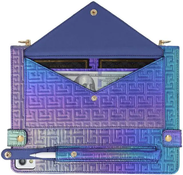 Alt view image 3 of 5 - Shiny Case for iPad 9th 8th 7th Gen 10.2"/iPad Air 2019/iPad Pro 10.5, Techcircle Crossbody Iridescent Folio Stand Wallet Case with Pencil Holder+Card Slots+Hand Strap+Shoulder Strap, Shiny Indigo