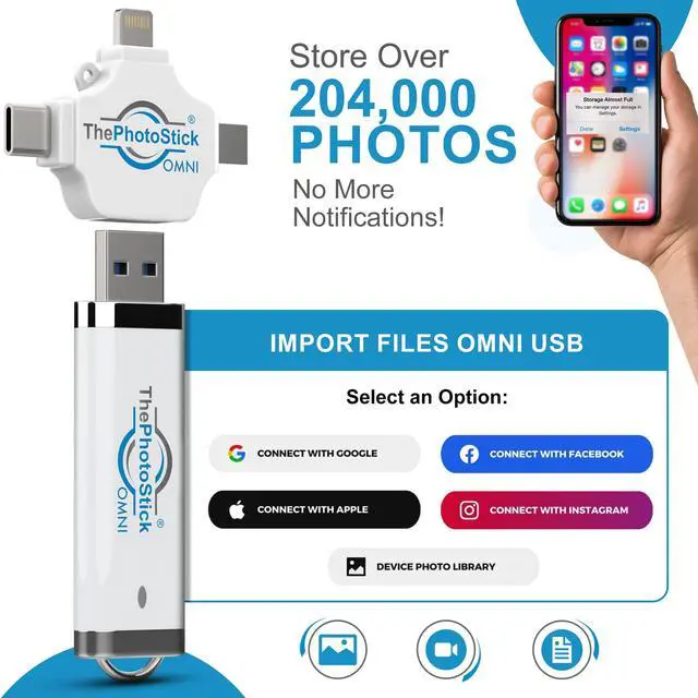Alt view image 4 of 5 - ThePhotoStick® Omni 32GB Memory Stick & USB Flash Drive  Photo & Video Backup for iPhone, Android, Mac & PC  Multiport Connection to Easily Store & Transfer Files