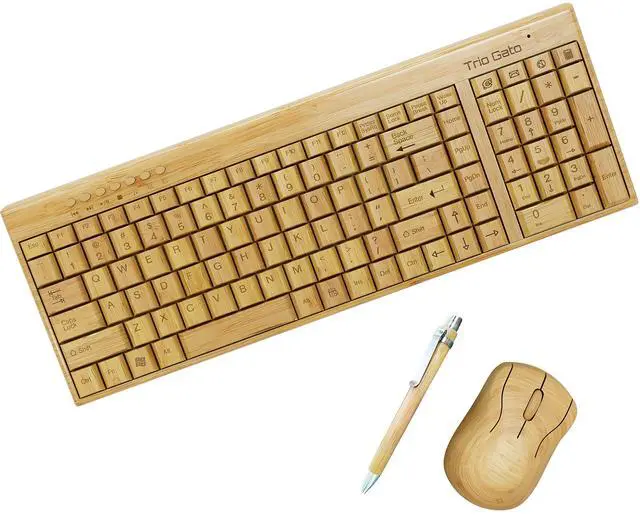 Main image of Wireless Bamboo Keyboard and Mouse - Natural, Handmade, Eco-Friendly. Compact Keyboard with 2 Keypads. 3-Button Mouse with Scroll Wheel. Comes with a Wooden Pen by Trio Gato