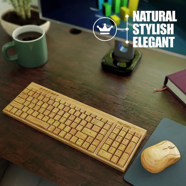 Alt view image 2 of 5 - Wireless Bamboo Keyboard and Mouse - Natural, Handmade, Eco-Friendly. Compact Keyboard with 2 Keypads. 3-Button Mouse with Scroll Wheel. Comes with a Wooden Pen by Trio Gato