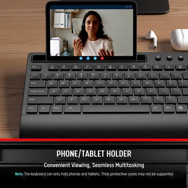 Alt view image 3 of 5 - Trueque Wireless Keyboard and Mouse Combo - Full-Size Quiet Keyboard with Palm Rest, Phone Holder, Multimedia Keys, Power Switch, Compatible with Windows, Chrome OS, PC, Laptop (Batteries Included)