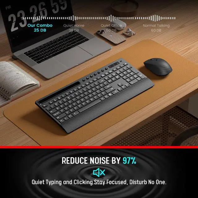 Alt view image 4 of 5 - Trueque Wireless Keyboard and Mouse Combo - Full-Size Quiet Keyboard with Palm Rest, Phone Holder, Multimedia Keys, Power Switch, Compatible with Windows, Chrome OS, PC, Laptop (Batteries Included)