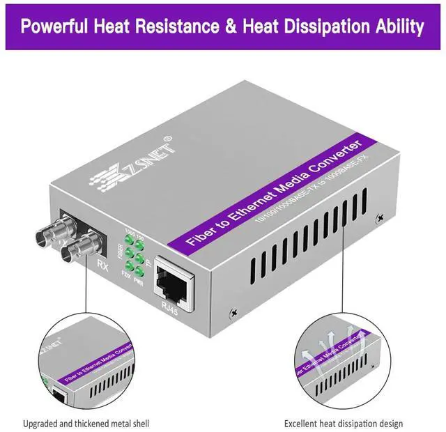 Alt view image 3 of 5 - XZSNET A Pair of Gigabit ST to RJ45 Converter, Multi-Mode Fiber to Ethernet Media Converter (Built-in Module, 850nm, 550m), Plug & Play, 10/100/1000 Base-T Compatible, Auto-Negotiation, Jumbo Frame