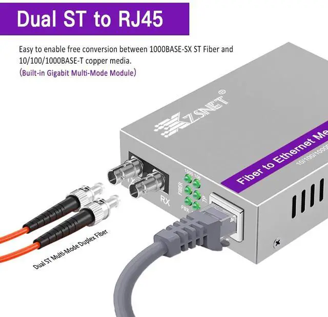 Alt view image 2 of 5 - XZSNET A Pair of Gigabit ST to RJ45 Converter, Multi-Mode Fiber to Ethernet Media Converter (Built-in Module, 850nm, 550m), Plug & Play, 10/100/1000 Base-T Compatible, Auto-Negotiation, Jumbo Frame