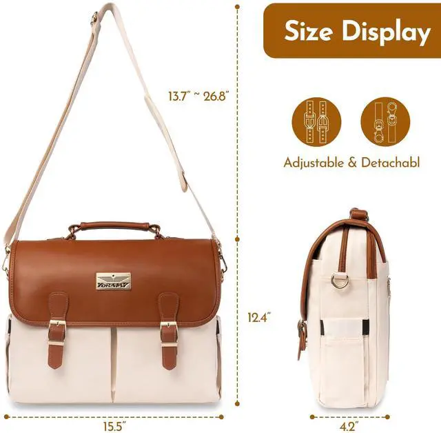 Alt view image 3 of 5 - Canvas Laptop Tote Bag for Women; Lightweight Messenger Work Bag; Large Tote Bag with Zipper for School; Leather Cover, Carry Handle, Adjustable Shoulder Strap, 17 Pockets (Beige/Brown)