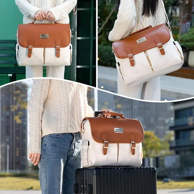 Alt view image 5 of 5 - Canvas Laptop Tote Bag for Women; Lightweight Messenger Work Bag; Large Tote Bag with Zipper for School; Leather Cover, Carry Handle, Adjustable Shoulder Strap, 17 Pockets (Beige/Brown)