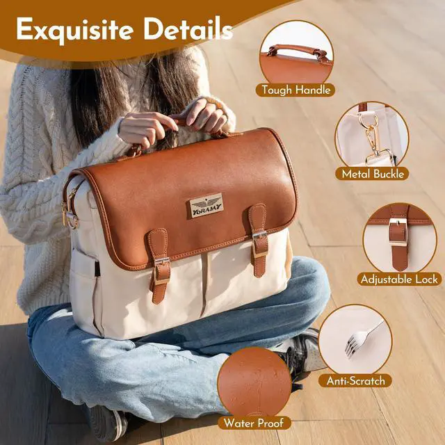 Alt view image 4 of 5 - Canvas Laptop Tote Bag for Women; Lightweight Messenger Work Bag; Large Tote Bag with Zipper for School; Leather Cover, Carry Handle, Adjustable Shoulder Strap, 17 Pockets (Beige/Brown)