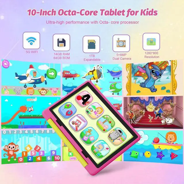 Alt view image 3 of 5 - ZOFYWNAS Kids Tablet 10 Inch Android 14 Tablet for Kids Ages 3-12, Octa-Core with Case, Parental Controls,14GB+64GB Storage (TF Expand 1TB), 5G WiFi, BT5.3, Pink