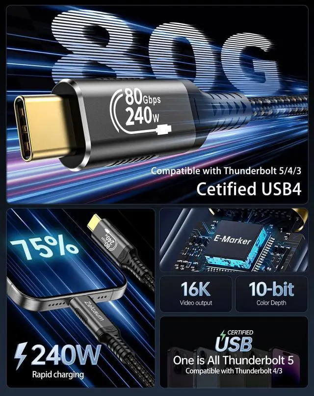 Alt view image 2 of 5 - Zelcaum 80Gbps USB C Thunderbolt 5 Cable, Up to 120Gbps Bandwidth Boost, 16K 8K Video Sync Display, 240W Fast Charging, Fully Compatible with Thunderbolt 4/3, Type USB-C, USB4 / Gen4 Devices, 6FT