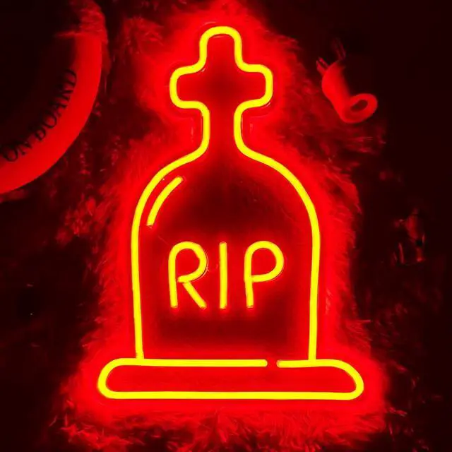 Main image of VVKOWSG Gravestone LED Neon Sign Super Bright Acrylic Handmade Halloween Led Light Neon Light Size 11.8x15.7 in Tombstone Neon Sign for Shop Window Store Display Beer Bar Nightclub Grand Opening Gift