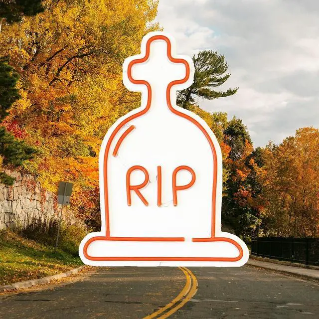 Alt view image 5 of 6 - VVKOWSG Gravestone LED Neon Sign Super Bright Acrylic Handmade Halloween Led Light Neon Light Size 11.8x15.7 in Tombstone Neon Sign for Shop Window Store Display Beer Bar Nightclub Grand Opening Gift