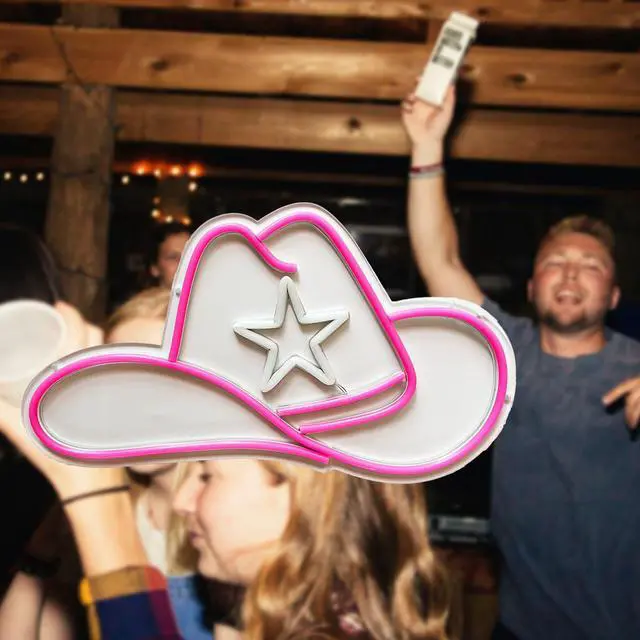 Alt view image 6 of 7 - Cowgirl Hat LED Neon Sign Super Bright Acrylic Dimmable Cowboy Led Light Cowgirl Neon Light Hat Neon Sign for Shop Window Store Display Beer Bar Nightclub Grand Opening Gift (Pink hat)
