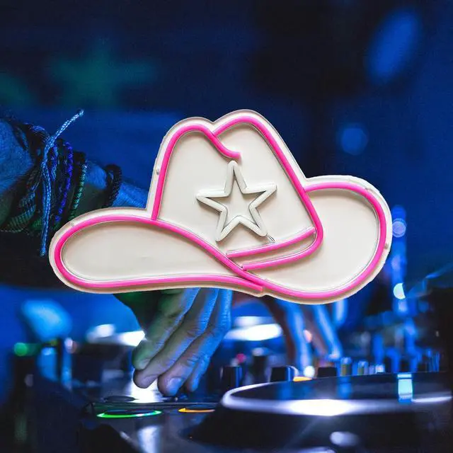 Alt view image 5 of 7 - Cowgirl Hat LED Neon Sign Super Bright Acrylic Dimmable Cowboy Led Light Cowgirl Neon Light Hat Neon Sign for Shop Window Store Display Beer Bar Nightclub Grand Opening Gift (Pink hat)