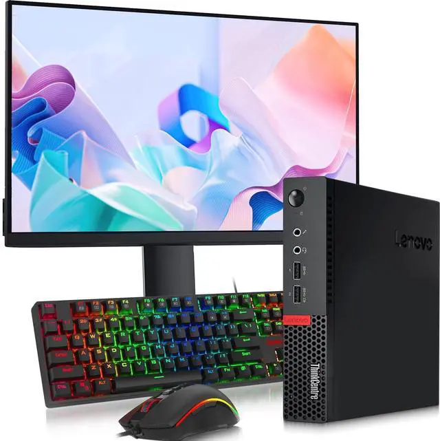 Main image of Lenovo ThinkCenter M710q Desktop Mini PC | Intel Core i5-7500T | 8GB DDR4 RAM | 256GB SSD | Windows 11 Pro | Wi-Fi | RGB Keyboard & Mouse | Intel HD Graphics 630 | 24 Inch LED Monitor (Refurbished)