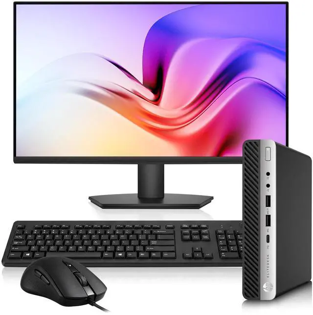 Main image of HP Elitedesk 800 G4 Personal Desktop Computer, Intel Core i5-8500T, 9 MB Intel Smart Cache, 8GB DDR4 RAM, 512GB SSD, 24 Inch LED Monitor, Keyboard and Mouse, Built-in WiFi, Windows 11 Pro, Tiny PC