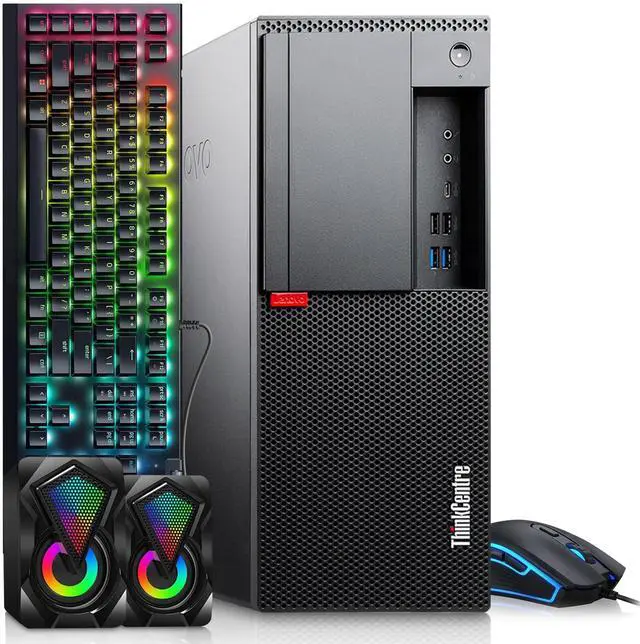 Main image of Lenovo M720t Gaming Tower Computer, Intel Core i5-8500 , 32GB RAM, 512GB SSD, NVIDIA GT 1030, RGB Keyboard and Mouse, RGB Speakers, Wi-Fi, Windows 11 Pro, Gaming PC (Renewed)