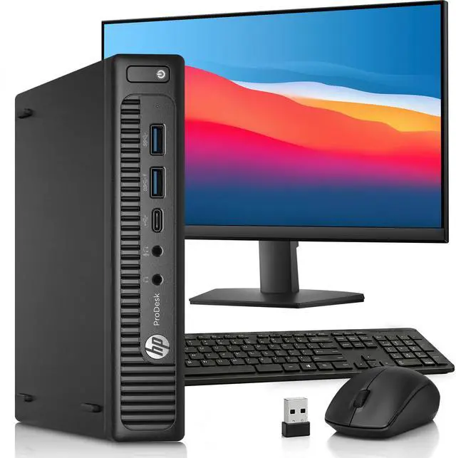 Main image of HP 600 G2 Mini Desktop Computer PC, Intel Core i5-6500T up to 3.10GHz, 6MB Intel Smart Cache, 16GB DDR4 RAM, 256GB SSD, 24 Inch LED Monitor, Wireless Keyboard and Mouse, WiFi, Home and office PC