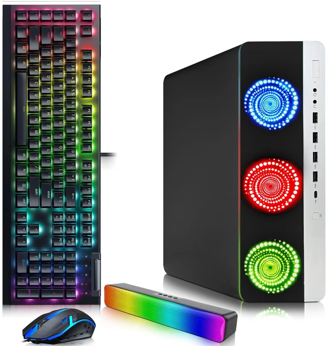Main image of HP 800 G3 RGB Gaming PC, Intel Core i5-6500, 32GB DDR4 RAM, 256GB SSD, AMD Radeon Rx-550 Gaming Graphics, RGB Keyboard Mouse + RGB Soundbar, Wi-Fi Adapter, Gaming Computer (Refurbished)