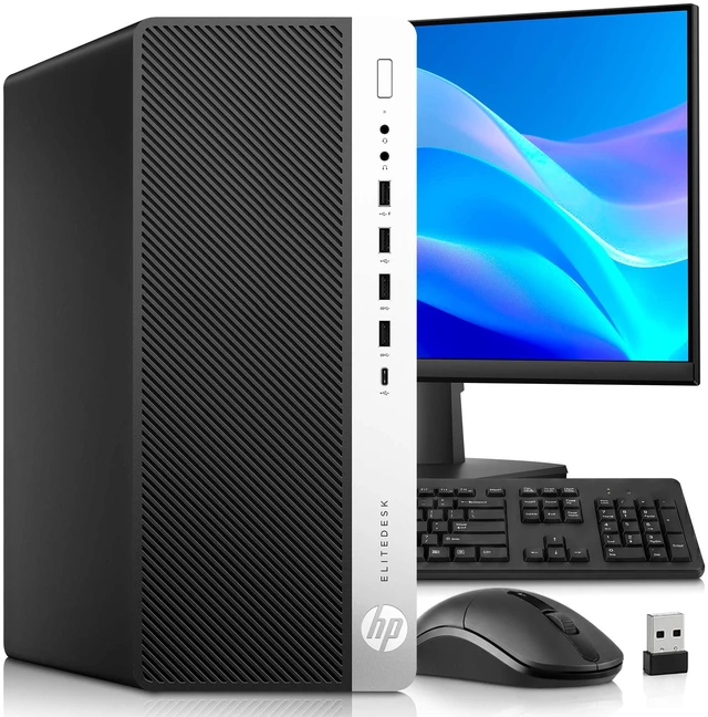 Main image of HP EliteDesk 800 G3 Tower Desktop Computer, Intel Core i5 6th Gen 3.20GHz, 8GB RAM, 256GB SSD, 24 Inch LED Monitor, Built-in Wi-Fi, DisplayPort, Wireless Keyboard & Mouse, Home & Office PC (Renewed)