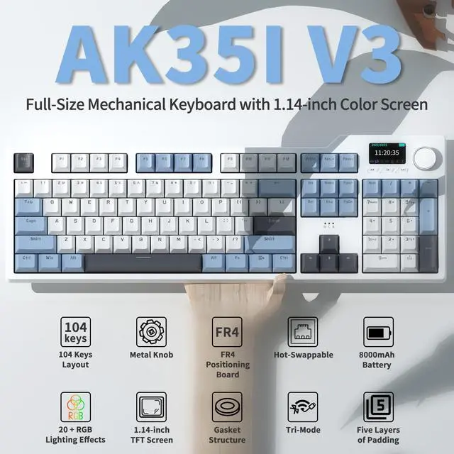 Alt view image 2 of 7 - FirstBlood AK35I V3 Full Size Hot Swap Mechanical Keyboard with Screen & Knob 2.4G/BT/USB-C Gasket Keyboard FR4 Plate 8000mAh Battery South Facing LED RGB Keyboard Sky Blue
