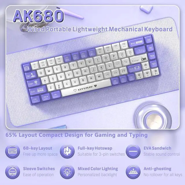 Alt view image 2 of 7 - FirstBlood AK680 60% Wired Mechanical Gaming Keyboard, Hot Swap, RGB Backlight, UV Printing & EVA Sound Control, Fully Anti-Gink, Programmable, for Windows/Mac, Red Switch Red White & Blue White
