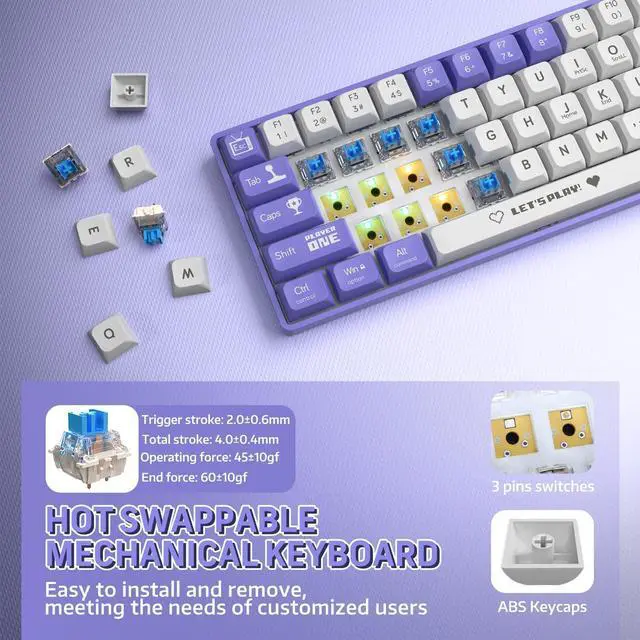 Alt view image 4 of 7 - FirstBlood AK680 60% Wired Mechanical Gaming Keyboard, Hot Swap, RGB Backlight, UV Printing & EVA Sound Control, Fully Anti-Gink, Programmable, for Windows/Mac, Blue Switch Red & White