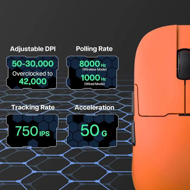 Alt view image 5 of 7 - FirstBlood AJ159 APEX PAW3950 8Khz Ultralight Gaming Mouse with RGB Magnetic Charging Dock 42000dpi optical sensor 100 million clicks Ice Sensation Coated Trip-Mode Mouse Orange