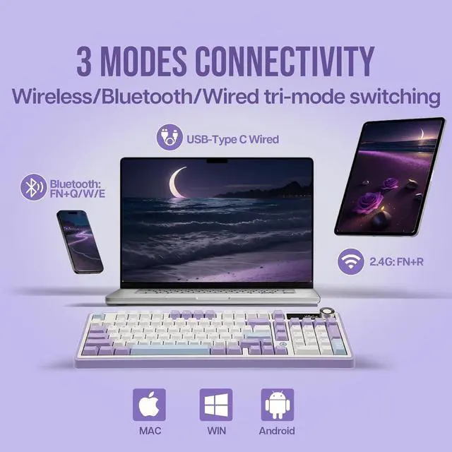 Alt view image 3 of 6 - FirstBlood AK980 98% Mechanical Keyboard, BT5.0/USB-C/2.4GHz Wireless Gaming Keyboard, Hot Swappable Creamy Custom Keyboard with 1.14 TFT Screen, Knob, RGB for Win/Mac (White, Gift V2 Switch)