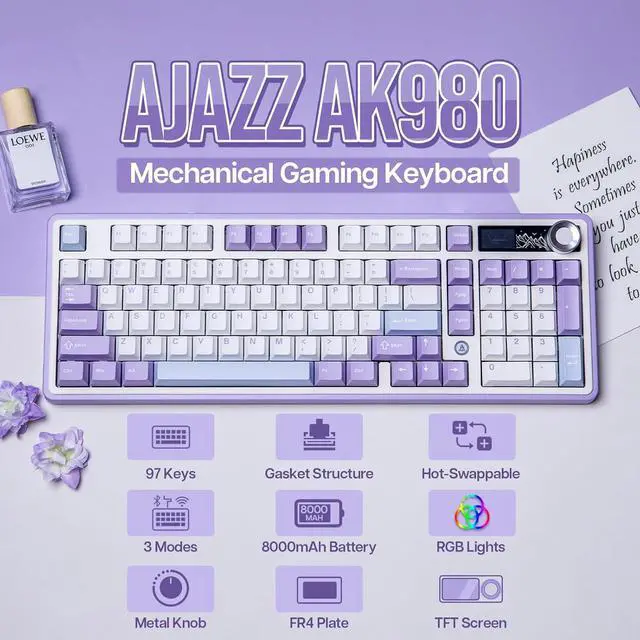 Main image of FirstBlood AK980 98% Mechanical Keyboard, BT5.0/USB-C/2.4GHz Wireless Gaming Keyboard, Hot Swappable Creamy Custom Keyboard with 1.14 TFT Screen, Knob, RGB for Win/Mac (White, Gift V2 Switch)