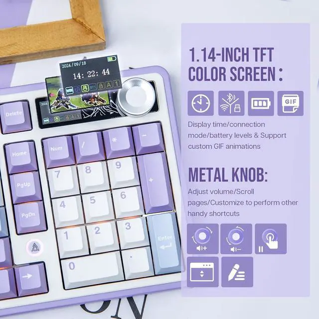 Alt view image 5 of 6 - FirstBlood AK980 98% Mechanical Keyboard, BT5.0/USB-C/2.4GHz Wireless Gaming Keyboard, Hot Swappable Creamy Custom Keyboard with 1.14 TFT Screen, Knob, RGB for Win/Mac (White, Gift V2 Switch)