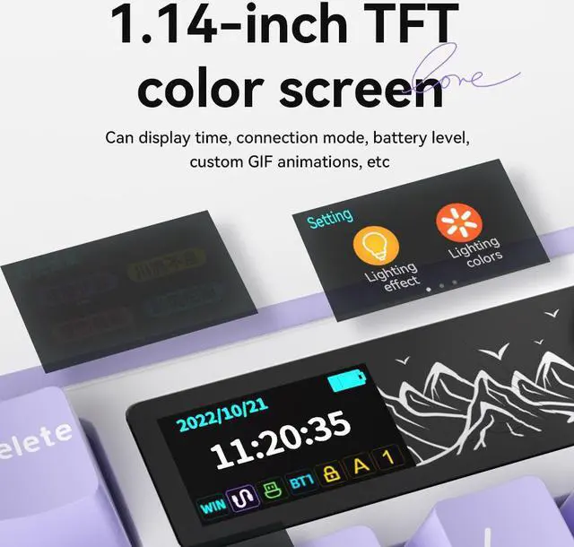 Alt view image 6 of 7 - FirstBlood AK980 98% Mechanical Keyboard, BT5.0/USB-C/2.4GHz Wireless Gaming Keyboard, Hot Swappable Creamy Custom Keyboard with 1.14 TFT Screen, Knob, RGB for Win/Mac (Qinyun Switch)