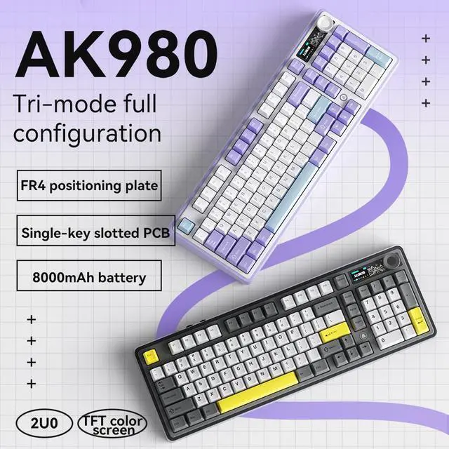 Main image of FirstBlood AK980 98% Mechanical Keyboard, BT5.0/USB-C/2.4GHz Wireless Gaming Keyboard, Hot Swappable Creamy Custom Keyboard with 1.14 TFT Screen, Knob, RGB for Win/Mac (Qinyun Switch)