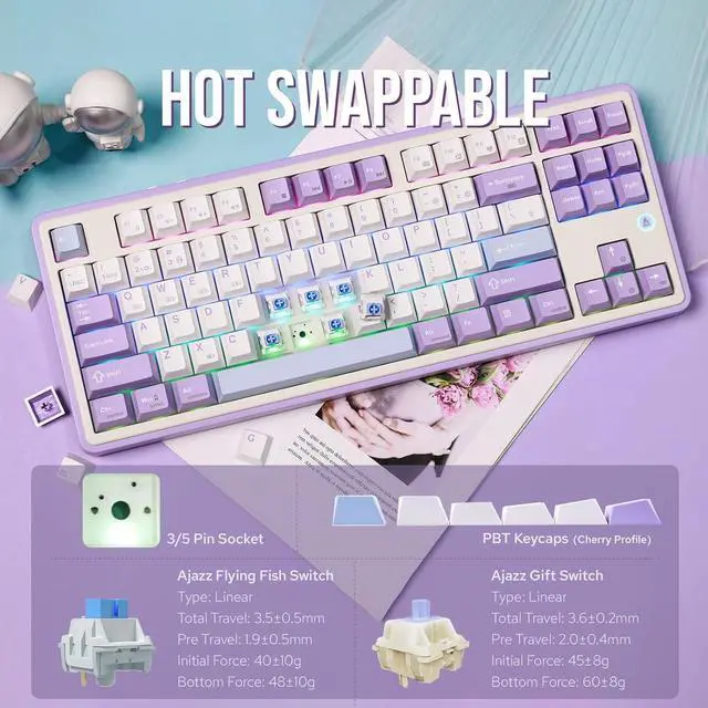 Alt view image 2 of 6 - FirstBlood AK870 Gasket Wireless Tri-Mode Gaming Keyboard, 87-Keys Compact TKL Mechanical Keyboard with 5 Layers of Padding, Flexible Cutting PCB for Win/Mac Flying fish switch Purple-white-blue