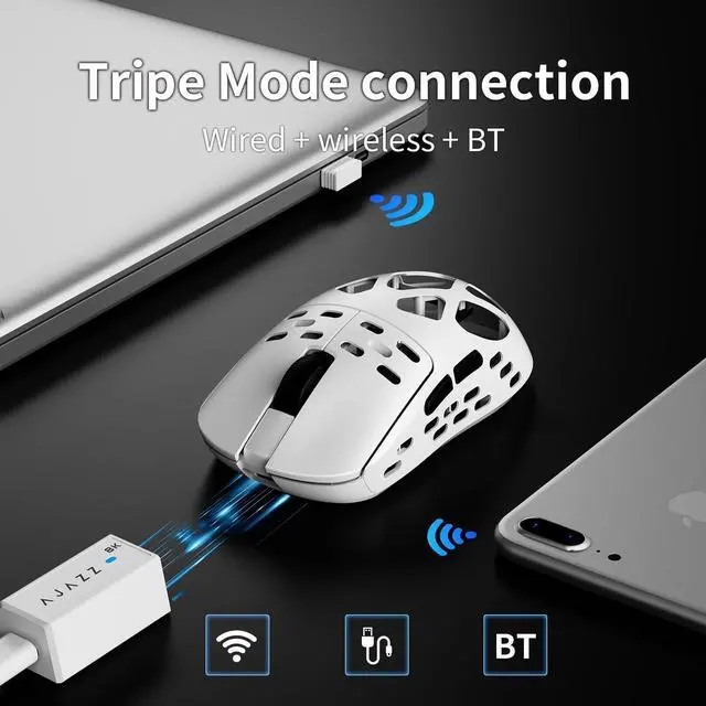 Alt view image 4 of 7 - FirstBlood AM3 MAX Wireless Gaming Mouse, Lightweight Full Magnesium Alloy, 30000 DPI, PAW3950 Sensor, 5 programmable Buttons, Supports Wired/2.4GHz/BT (White, AM3 MAX (8k Receiver))