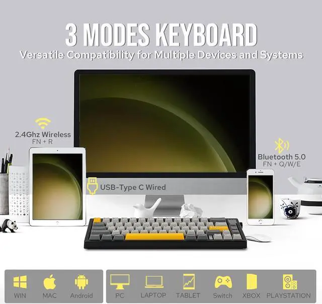 Alt view image 3 of 7 - FirstBlood AK650 65% Gasket Mechanical Keyboard, 3 Modes Wireless Gaming Keyboard with 0.85 TFT Screen & Knob, 5000 mAh Battery, Hot Swappable Keyboard with Flex-Cut Plate & PCB Star Evening Gray