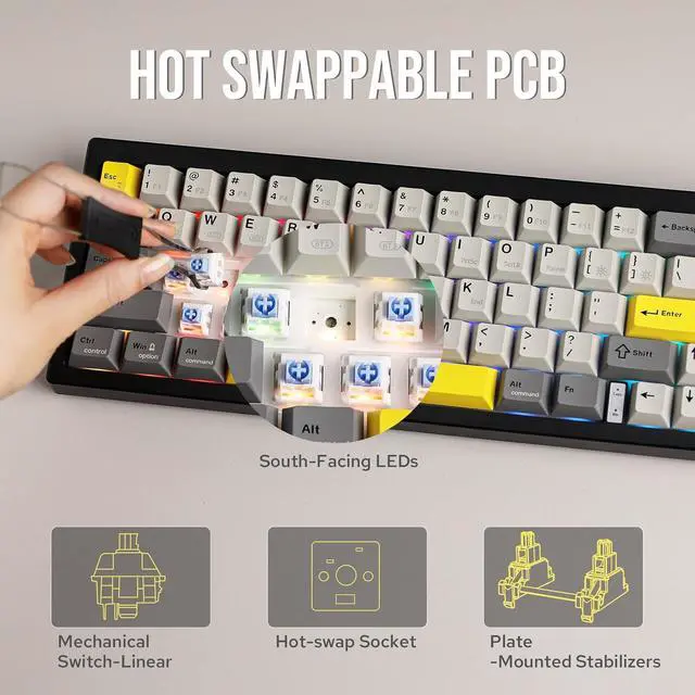 Alt view image 4 of 7 - FirstBlood AK650 65% Gasket Mechanical Keyboard, 3 Modes Wireless Gaming Keyboard with 0.85 TFT Screen & Knob, 5000 mAh Battery, Hot Swappable Keyboard with Flex-Cut Plate & PCB Star Evening Gray