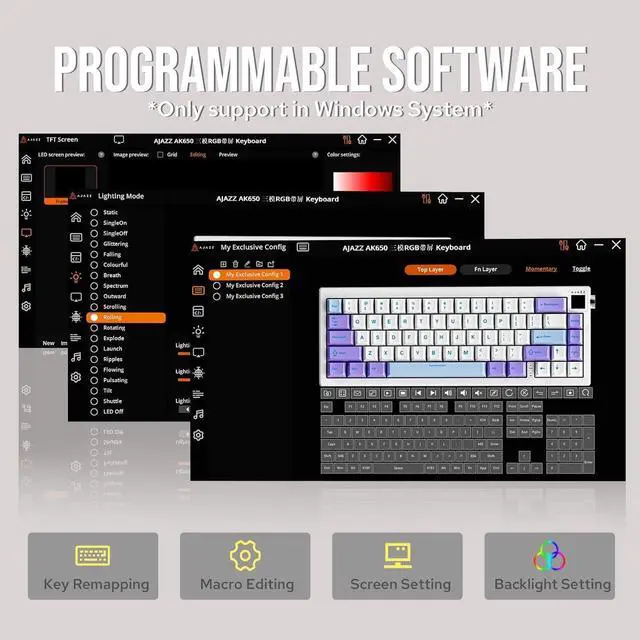 Alt view image 7 of 7 - FirstBlood AK650 65% Gasket Mechanical Keyboard, 3 Modes Wireless Gaming Keyboard with 0.85 TFT Screen & Knob, 5000 mAh Battery, Hot Swappable Keyboard with Flex-Cut Plate & PCB Star Evening Gray