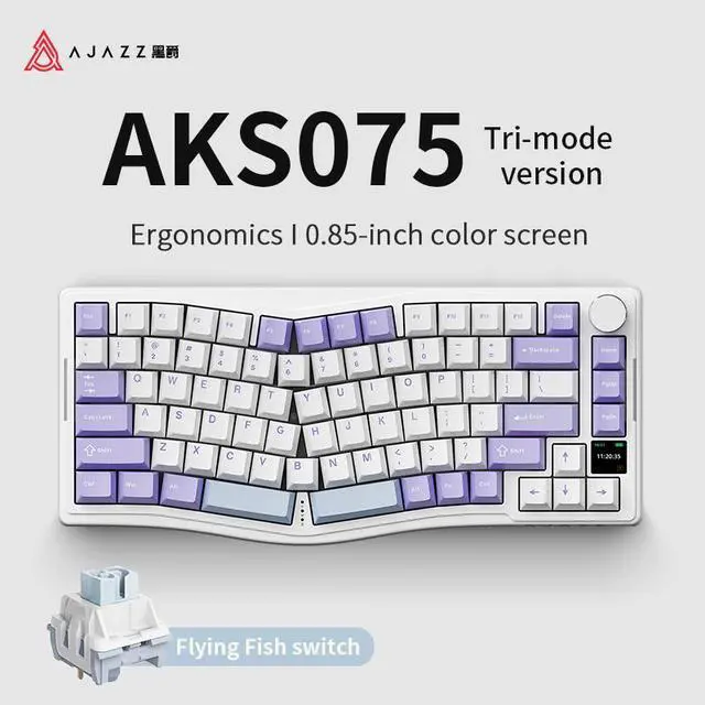 Main image of FirstBlood AKS075 three-mode ergonomic wireless mechanical keyboard, hot-swappable, VIA color screen, RGB, gasket structure, suitable for office games and e-sports Flying fish switch purple white blue