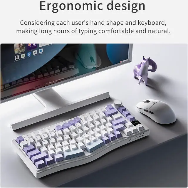 Alt view image 3 of 7 - FirstBlood AKS075 three-mode ergonomic wireless mechanical keyboard, hot-swappable, VIA color screen, RGB, gasket structure, suitable for office games and e-sports Flying fish switch purple white blue
