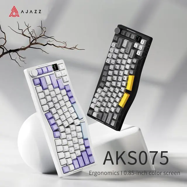 Alt view image 2 of 7 - FirstBlood AKS075 three-mode ergonomic wireless mechanical keyboard, hot-swappable, VIA color screen, RGB, gasket structure, suitable for office games and e-sports Flying fish switch purple white blue